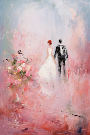 Couple in wedding attire walking hand in hand in a dreamy landscape. Concept of journey, love, marriage. Oil painting. Metaphorical associative card. Psychological abstract picture. Vertical.の写真素材