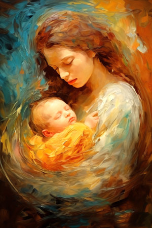 Mother holding a sleeping baby with a soft, floral background. Concept of motherhood, love, and care. Oil painting. Metaphorical associative card. Psychological abstract picture. Vertical.の写真素材