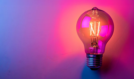 Vintage incandescent light bulb on a colorful gradient background. Concept of innovation, electricity, energy-saving, retro decor. Copy space.の写真素材