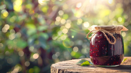 Jar of blackberry or raspberry jam on a wooden table in sunlight. Homemade preserves in a natural...