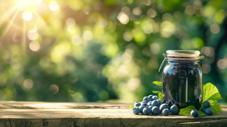 Glass jar of homemade blueberry jam with fresh blueberries on wooden table outdoors. Concept of organic food, preservation, healthy eating, rustic lifestyle. Copy space.の写真素材