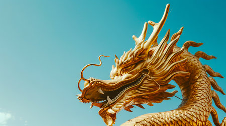 Golden dragon statue against a clear blue sky. Concept of mythical creature, dragon sculpture,...