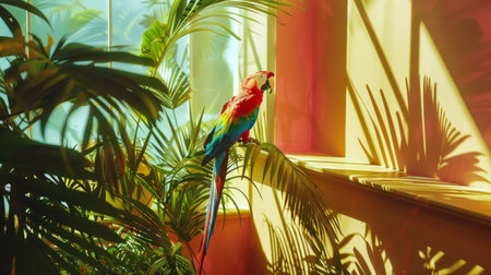Colorful parrot perched on a windowsill in a sunlit room with lush tropical plants. Concept of exotic birds, tropical environment, nature, bright colors, Macaw.の写真素材