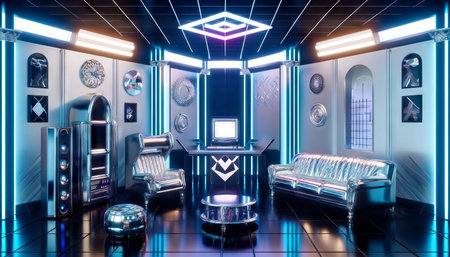 Futuristic neon-lit room with metallic furniture and retro computer. Modern interior with glowing lights. Concept of cyberpunk, futuristic design, retro tech, neon aesthetics.の写真素材