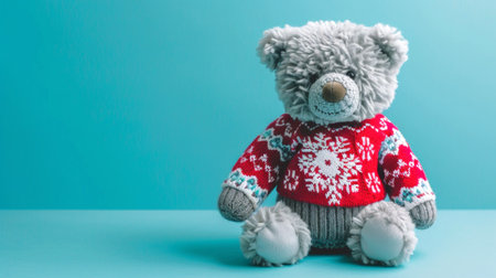Plush bear in red holiday sweater against a blue background. Concept of festive season, cozy decor,...