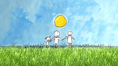 Kids drawing of joyful family holding hands under the sun. Concept of family bonding, happiness, togetherness, outdoor leisure.の写真素材