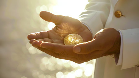 Close-up of man holding Bitcoin coin, concept of cryptocurrency investment, finance management,...