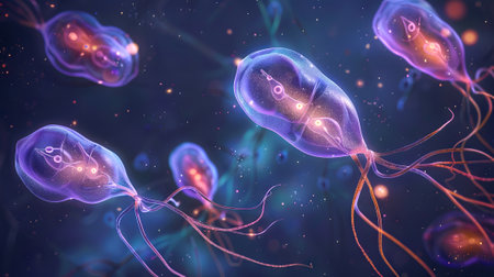 Cluster of Giardia lamblia under a microscope. Protozoan parasites with multiple flagella. Disease...