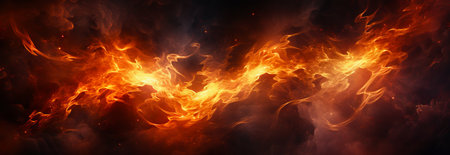 Fiery flame in a dynamic swirl on a dark background. Concept of fire, energy, heat, movement. Abstract wallpaper. Copy space. Banner.の写真素材