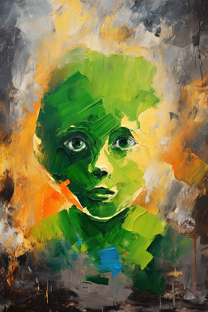 Abstract oil painting of a child face with green and orange hues. Concept of wonder, mystery, artistic creativity. Metaphorical associative card. Psychological abstract picture. Vertical.の写真素材