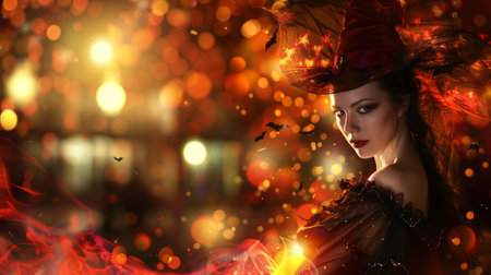 Woman in a witch costume with a red hat and dark dress. Concept of Halloween, cosplay, fantasy characters, evening magic.の写真素材