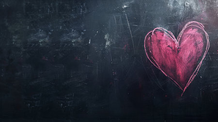 Chalk-drawn pink heart on a rustic blackboard. Concept of love, romance, affection, creativity. Copy space.の写真素材