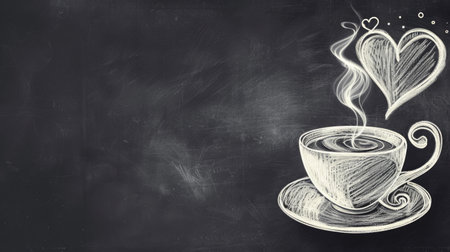 Chalk art coffee cup with heart-shaped steam on a chalkboard background. Concept of coffee beverages, latte art, cafe culture, hand-drawn design. Advertisement for a coffee shop. Copy space.の写真素材