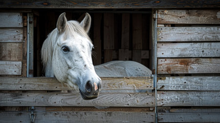 A white horse peeks out from a wooden stable. Horse in a stall. Concept of equine beauty, rustic barn, farm animal. Copy space.の写真素材