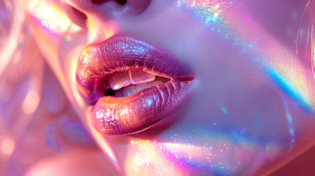 Close-up of glossed colorful lips with light reflections. Concept of beauty, makeup, lip care, female fashion.の写真素材