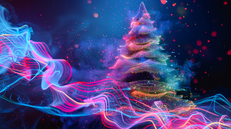 Colorful Christmas tree with glowing lights and festive decorations. Concept of holiday celebration,...