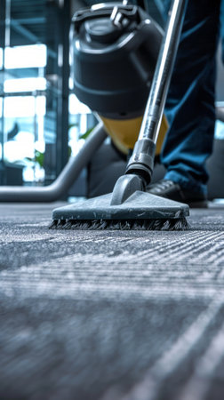 Vacuum cleaner nozzle on carpet in office environment. Concept of cleaning professional, maintenance staff, hygiene, commercial cleaning. Vertical.の写真素材
