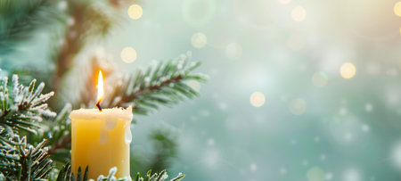 Glowing yellow candle with pine branches and bokeh background. Concept of Christmas decor, holiday warmth, festive candlelight, seasonal decoration. Banner. Copy space.の写真素材