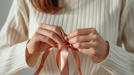 Close-up of Caucasian woman tying a bow with satin ribbon, concept of gift wrapping, crafting,...