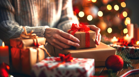 Woman wrapping Christmas gift boxes with red ribbons near a decorated tree on a festive background....