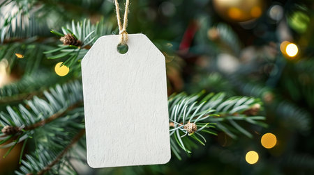 Christmas tree with a blank tag for text. Empty label hanging on pine branches. Concept of festive message, Christmas greetings, store price tag. Mockup.の写真素材