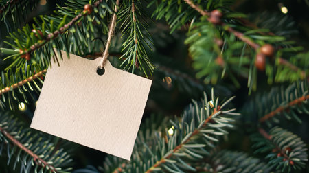 Christmas tree with a blank tag for text. Empty label hanging on pine branches. Concept of holiday decoration, festive message, Christmas greetings. Mockup.の写真素材