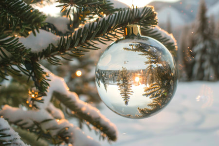 Reflective Christmas bauble hanging on a pine tree, winter wonderland view. Concept of holiday decor, festive season, winter scenery.の写真素材