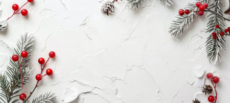Festive holiday background with Christmas decorations and pine branches. Concept of holiday season, Christmas decor, New Year celebration. Banner with copy space.の写真素材