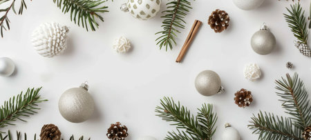 Silver and White Christmas Ornaments with Pine Branches. Concept of holiday decor, festive season, new year celebration. Christmas festive background.の写真素材
