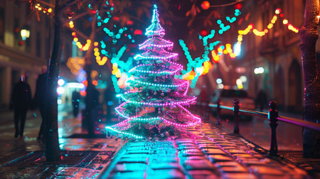 Christmas Tree Illuminated on City Street at Night. Concept of Holiday Celebration, Urban Decoration, Festive Atmosphere.の写真素材