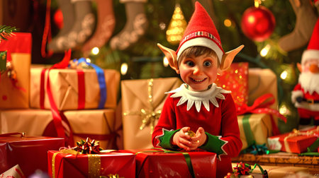 Smiling elf with a red hat among Christmas gifts. Concept of festive decoration, holiday spirit,...