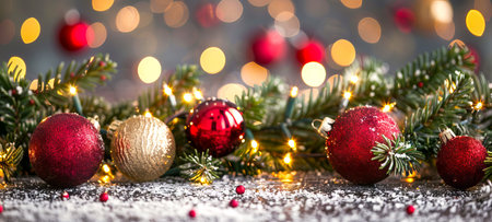 Festive new year decoration with red and gold Christmas baubles on snowy background. Concept of holiday celebration, festive design, seasonal decoration. Banner with copy space.の写真素材