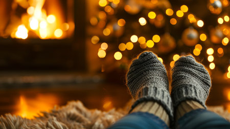 Cozy winter scene with feet in warm socks by the fireplace, decorated Christmas tree in the background. Concept of holiday season, relaxation, home warmth.の写真素材