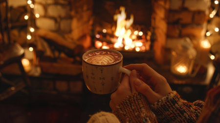 Cozy winter scene with female hands holding a mug of cocoa by a fireplace. Concept of warmth, comfort, winter relaxation.の写真素材