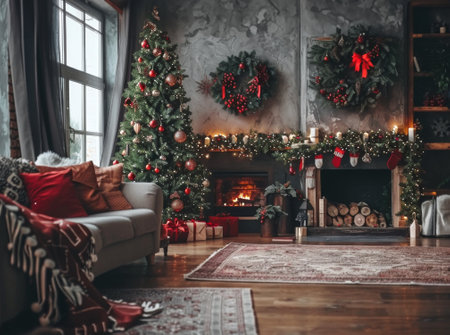Cozy living room with Christmas decorations and burning fireplace. Concept of holiday decor, festive atmosphere, home interior.の写真素材