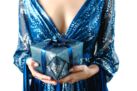 Woman in blue dress holding a sparkling gift box. Concept of celebration, elegance, luxury, gift-giving. Isolated on white background.の写真素材