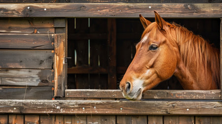 Brown horse looking out of a wooden stable window. Concept of farm animal, equestrian life, stable, countryside. Copy space.の写真素材