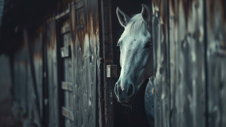 A white horse peeks out from a wooden stable. Horse in a stall. Concept of equine beauty, rustic barn, farm animal. Copy space.の写真素材