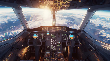 Airplane cockpit with illuminated control panels and scenic view, concept of aviation, aircraft...