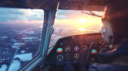 Male pilot in a cockpit flying a commercial airplane at sunset. Concept of aviation, air travel,...