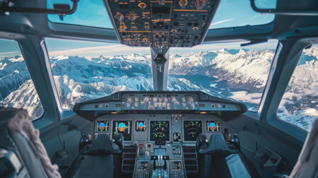 Empty Airplane cockpit with illuminated control panels and scenic view, concept of aviation,...