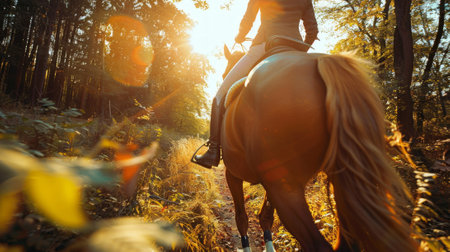 Rider on horseback in a sunlit forest trail. Horseback riding in forest. Concept of equestrian sport, outdoor adventure, nature trail, sunlight.の写真素材