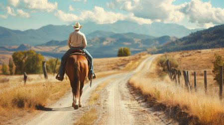 Male cowboy riding a horse down a dirt road in a scenic landscape. Concept of western lifestyle, rural countryside, nature adventure.の写真素材