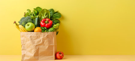 Paper bag filled with fresh vegetables and fruits against a yellow background. Groceries in a brown...