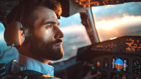 Caucasian male pilot in a cockpit with sunglasses concept of aviator, aircraft, aviation professional, cockpit controls.の写真素材