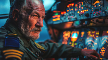 Older male pilot in the cockpit with a serious expression. Senior man in the cockpit with aviation...