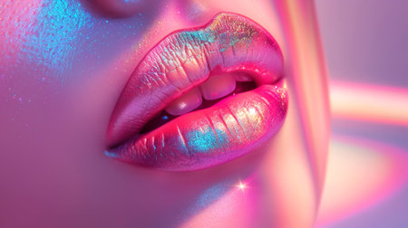 Close-up of glossed colorful lips with light reflections. Concept of beauty, makeup, lip care, female fashion.の写真素材