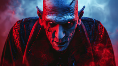 Intriguing close-up of a sinister vampire with glowing red eyes. Concept of horror, supernatural, Halloween, Gothic fiction.の写真素材
