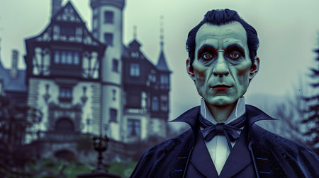 Gothic male vampire character with castle background. Concept of horror, classic monsters,...