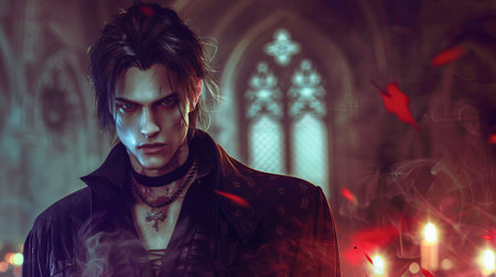 Handsome dark haired man vampire with gothic makeup in a haunted house setting. Concept of gothic...
